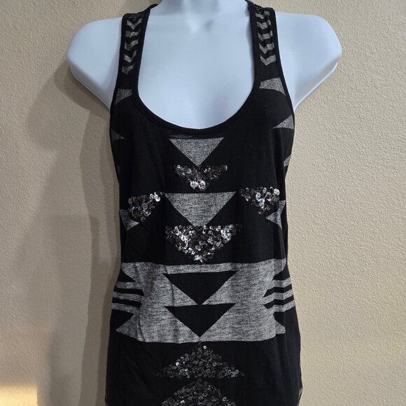 Express Black & Gray Sequin Geometric Lace Back Racerback Tank Size M - Picture 1 of 3